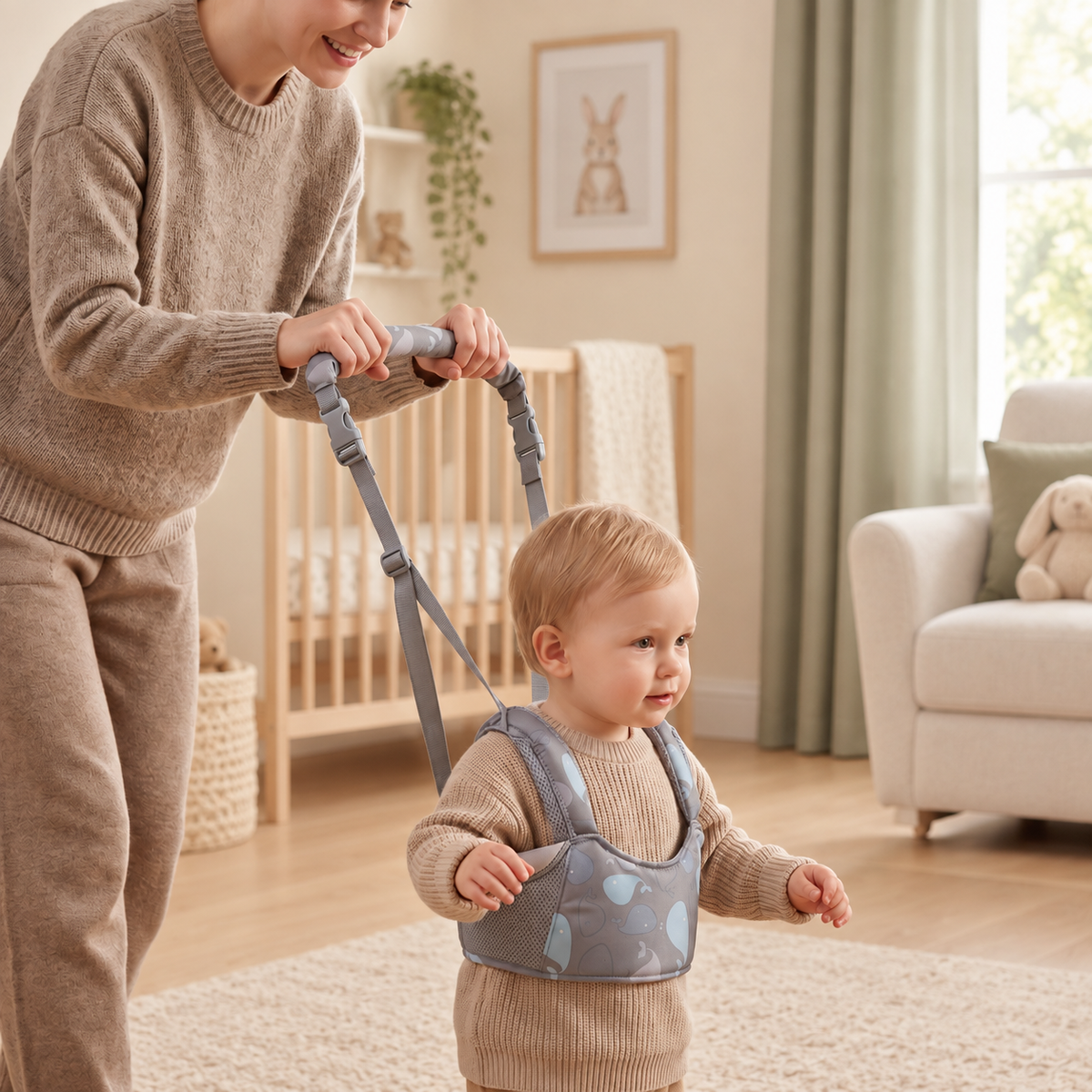 My Little Essentials™ Baby Walking Harness Belt — Grey Whale, nursery lifestyle photograph