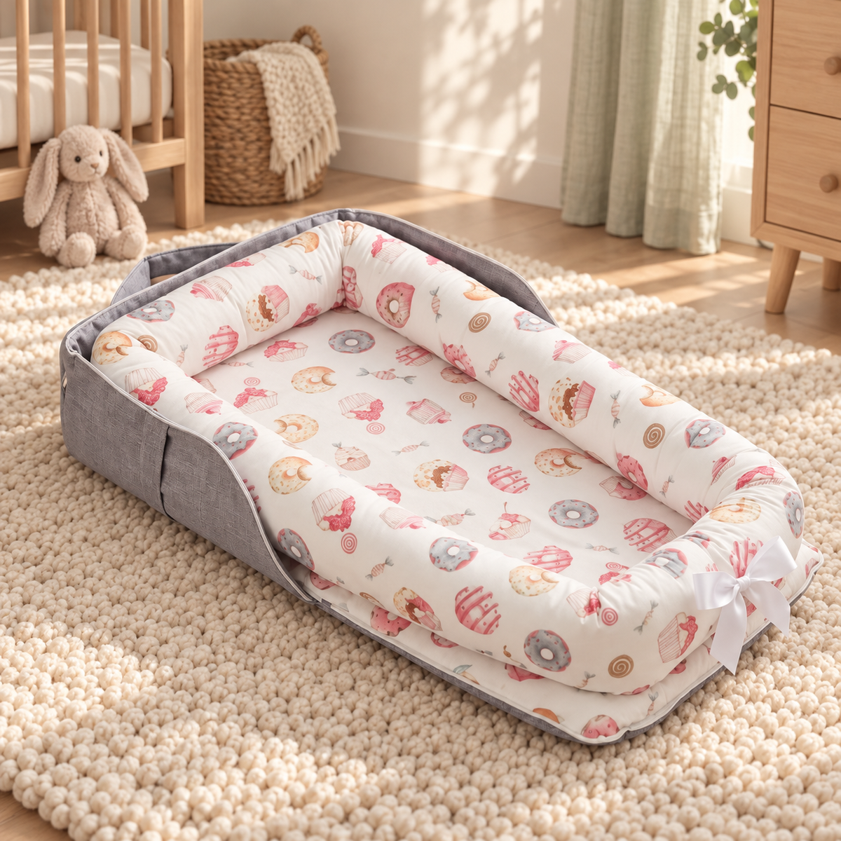 My Little Essentials™ Foldaway Baby Travel Mat & Bag — Donuts, nursery lifestyle photograph