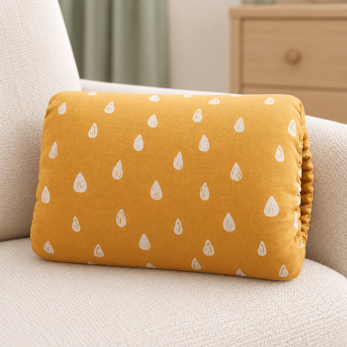My Little Essentials™ Feeding Arm Pillow — Mustard Raindrops, nursery lifestyle photograph