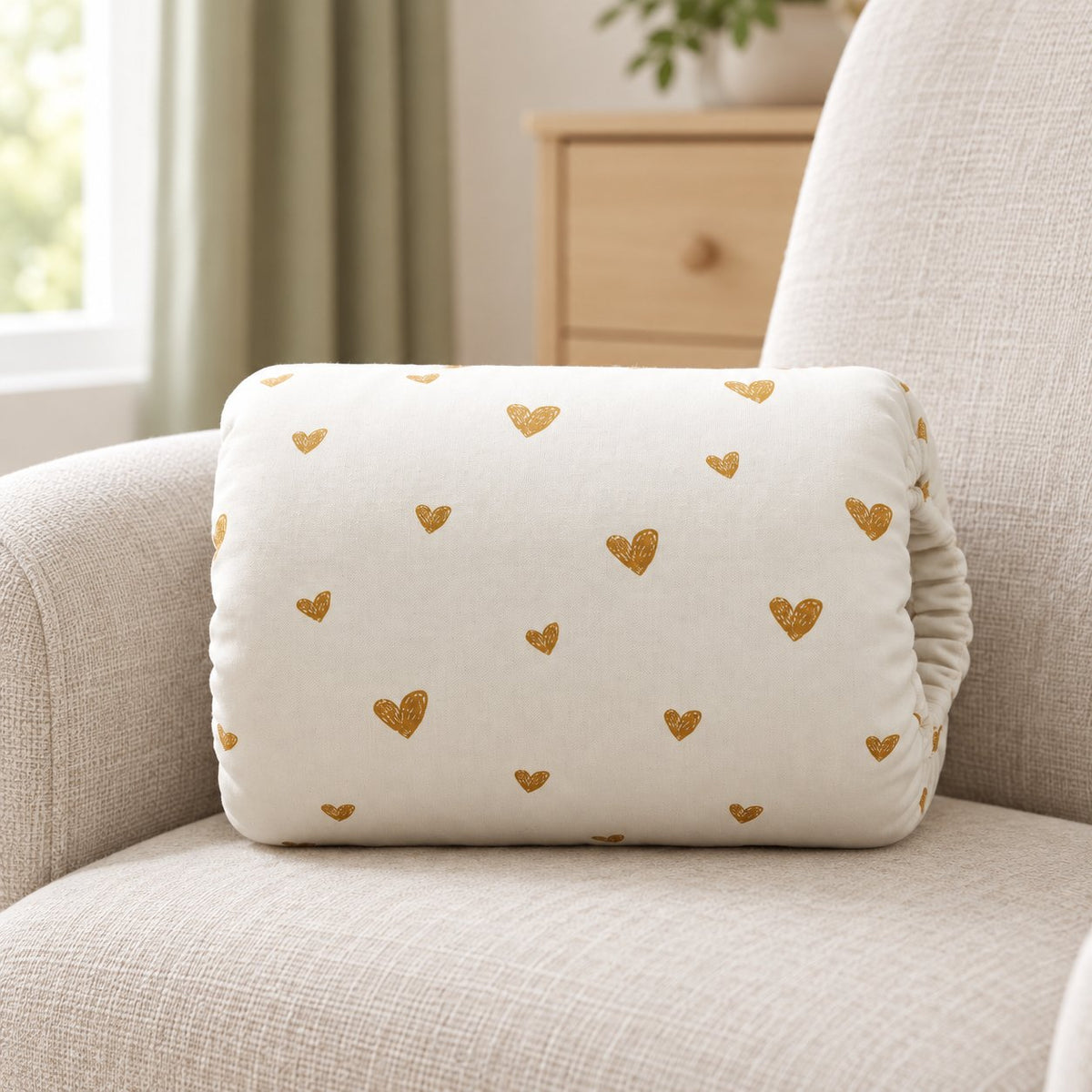 My Little Essentials™ Feeding Arm Pillow — Gold Hearts, nursery lifestyle photograph