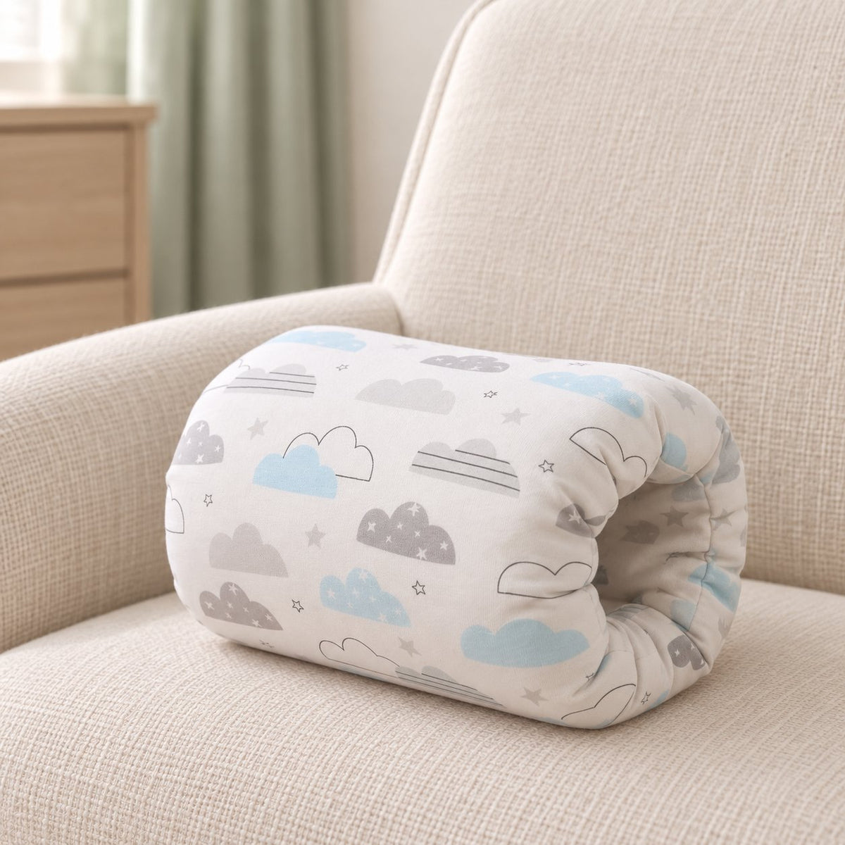 My Little Essentials™ Feeding Arm Pillow — Blue Sky Clouds, nursery lifestyle photograph