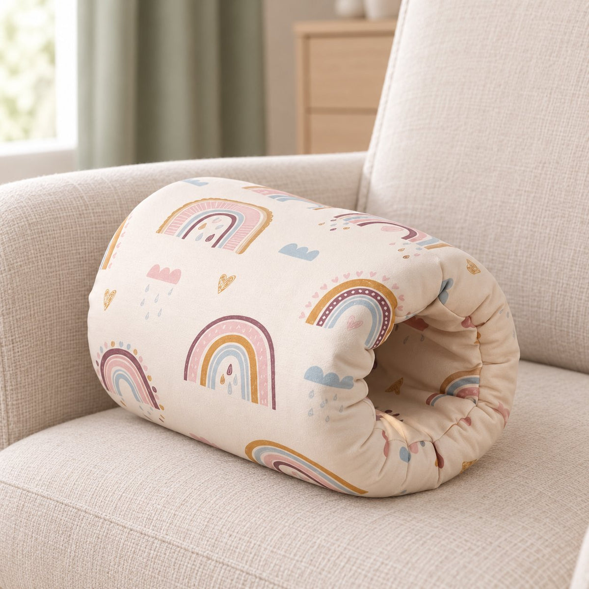 My Little Essentials™ Feeding Arm Pillow — Boho Rainbow, nursery lifestyle photograph