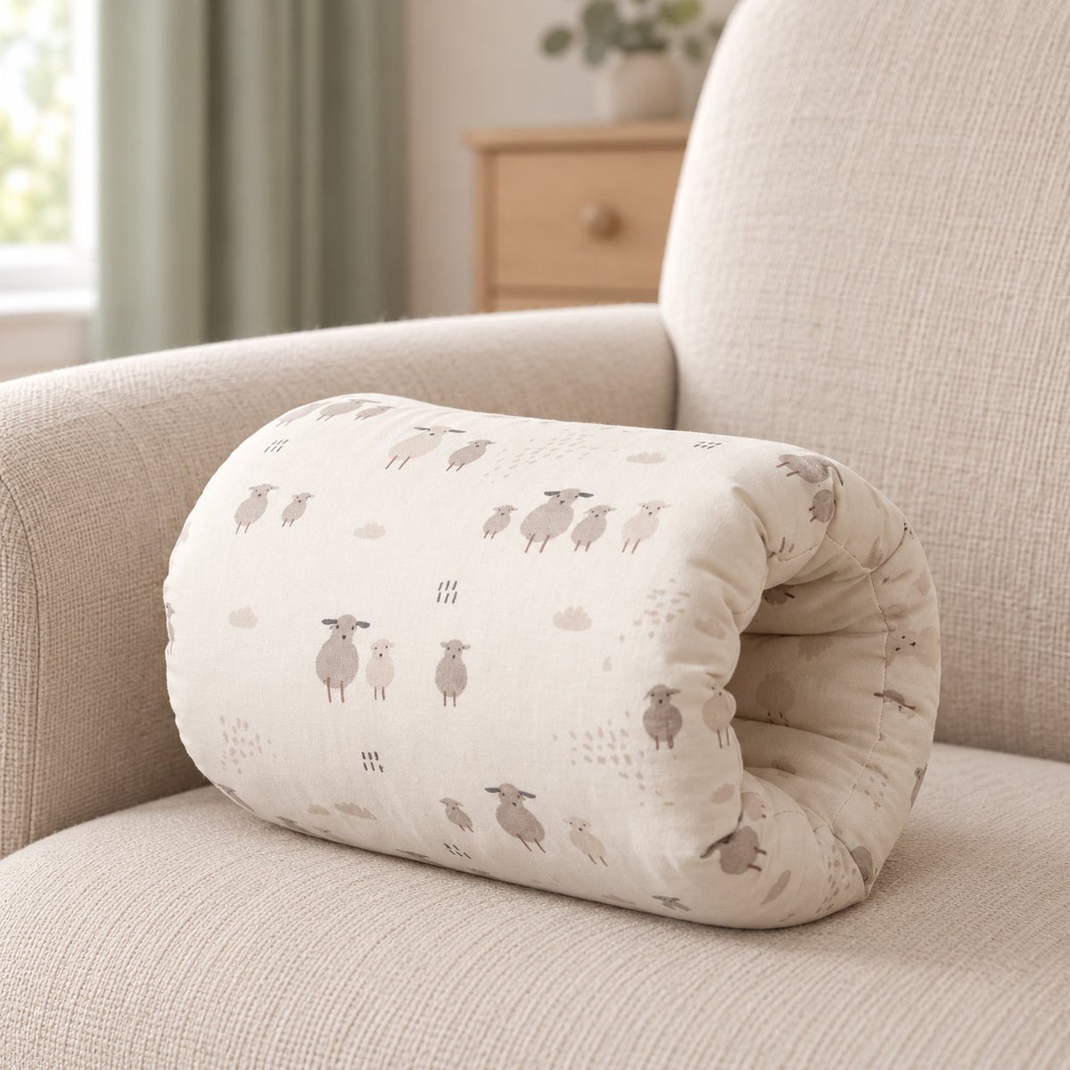 My Little Essentials™ Feeding Arm Pillow — Cream Little Sheep, nursery lifestyle photograph