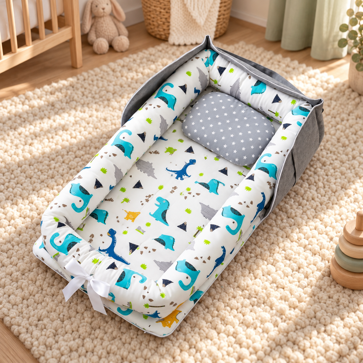 My Little Essentials™ Foldaway Baby Travel Mat & Bag — Blue Dino, nursery lifestyle photograph
