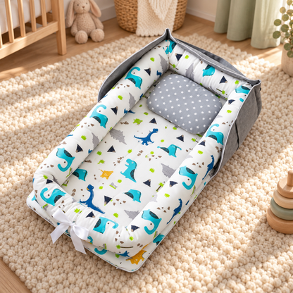 My Little Essentials™ Foldaway Baby Travel Mat & Bag — Blue Dino, nursery lifestyle photograph