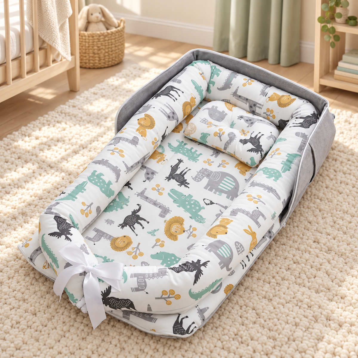 My Little Essentials™ Foldaway Baby Travel Mat & Bag — Zoo Pastel, nursery lifestyle photograph