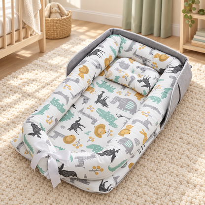 My Little Essentials™ Foldaway Baby Travel Mat & Bag — Zoo Pastel, nursery lifestyle photograph