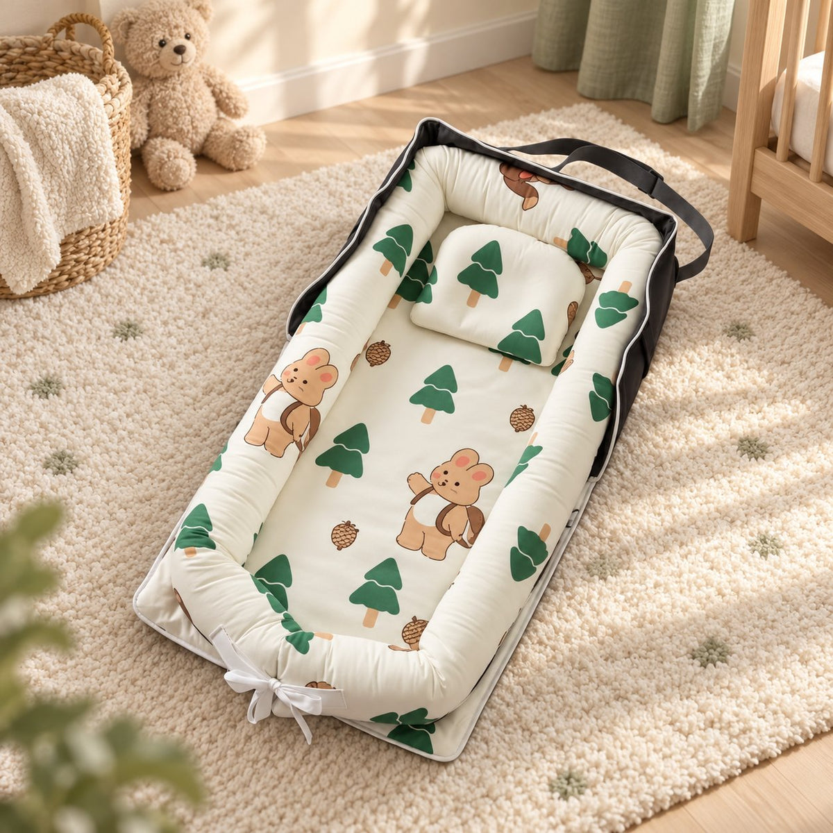 My Little Essentials™ Haven Baby Lounger — Pine Tree Bear, nursery lifestyle photograph