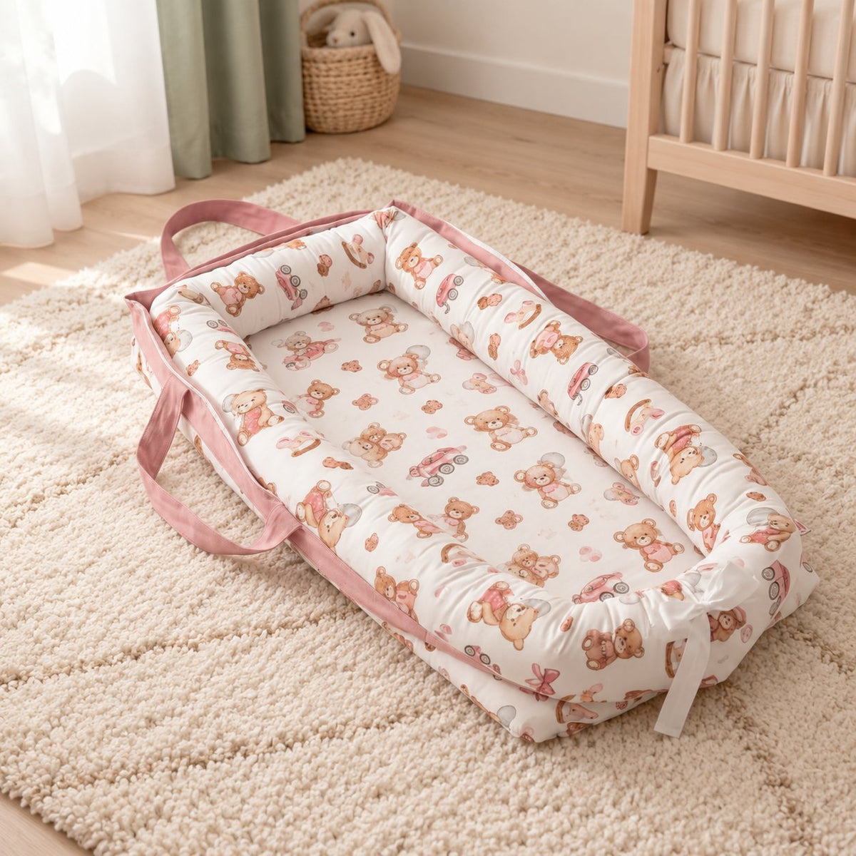 My Little Essentials™ Haven Baby Lounger — Blush Bear Hugs, nursery lifestyle photograph
