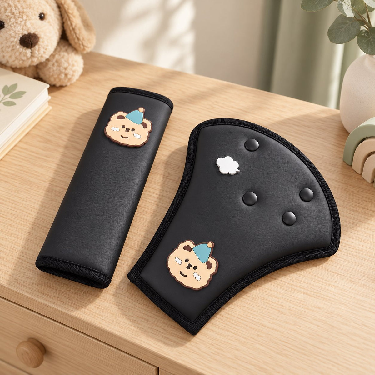 My Little Essentials™ Journey Seat Belt Pad — Playful Puppy Black, nursery lifestyle photograph