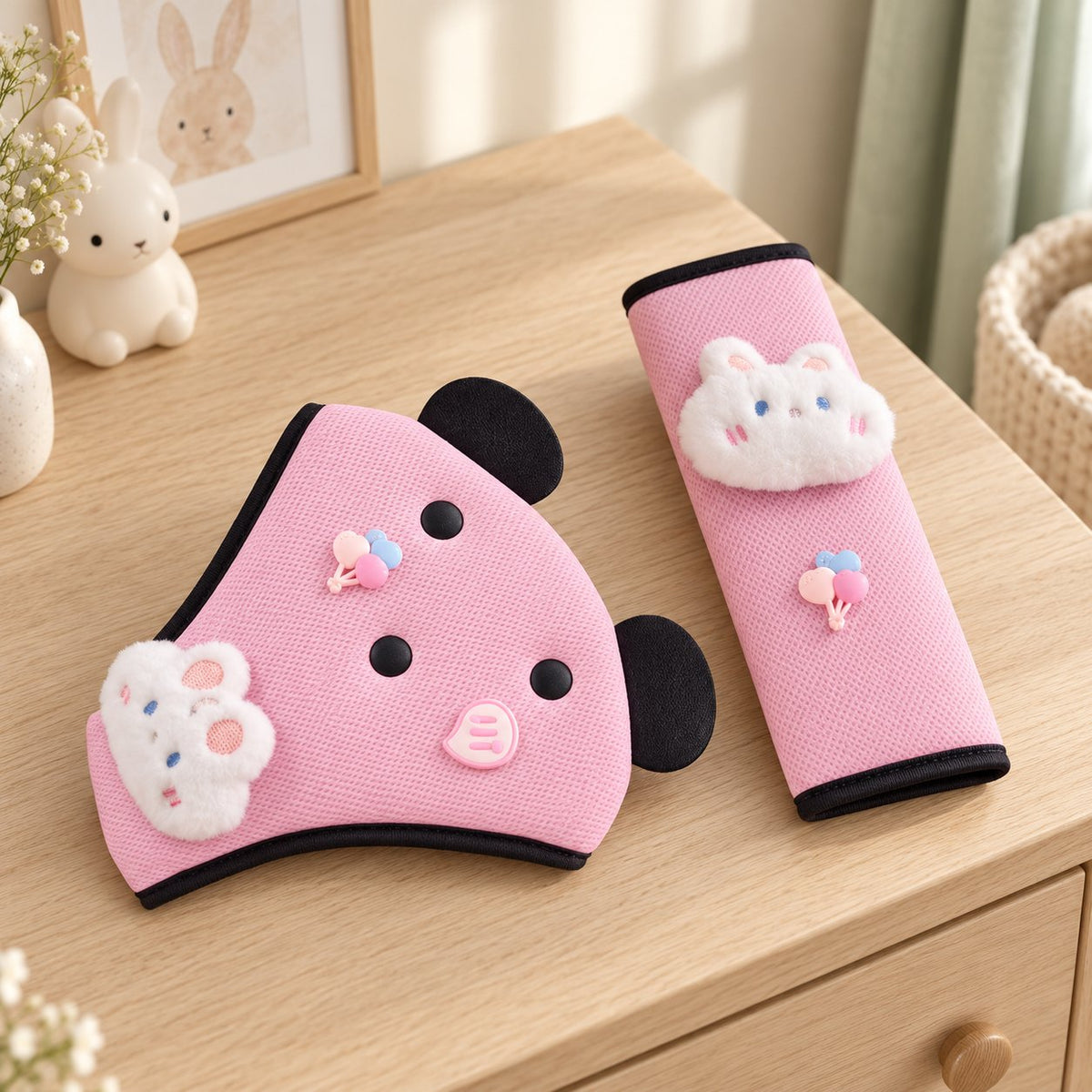 My Little Essentials™ Journey Seat Belt Pad — Fluffy Bunny Pink, nursery lifestyle photograph