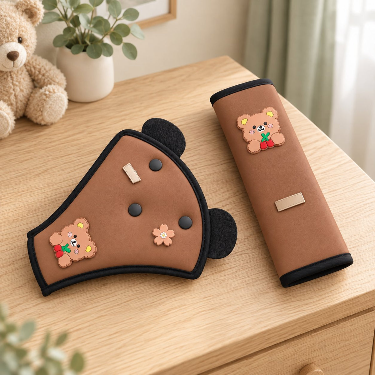 My Little Essentials™ Journey Seat Belt Pad — Little Cub Brown, nursery lifestyle photograph
