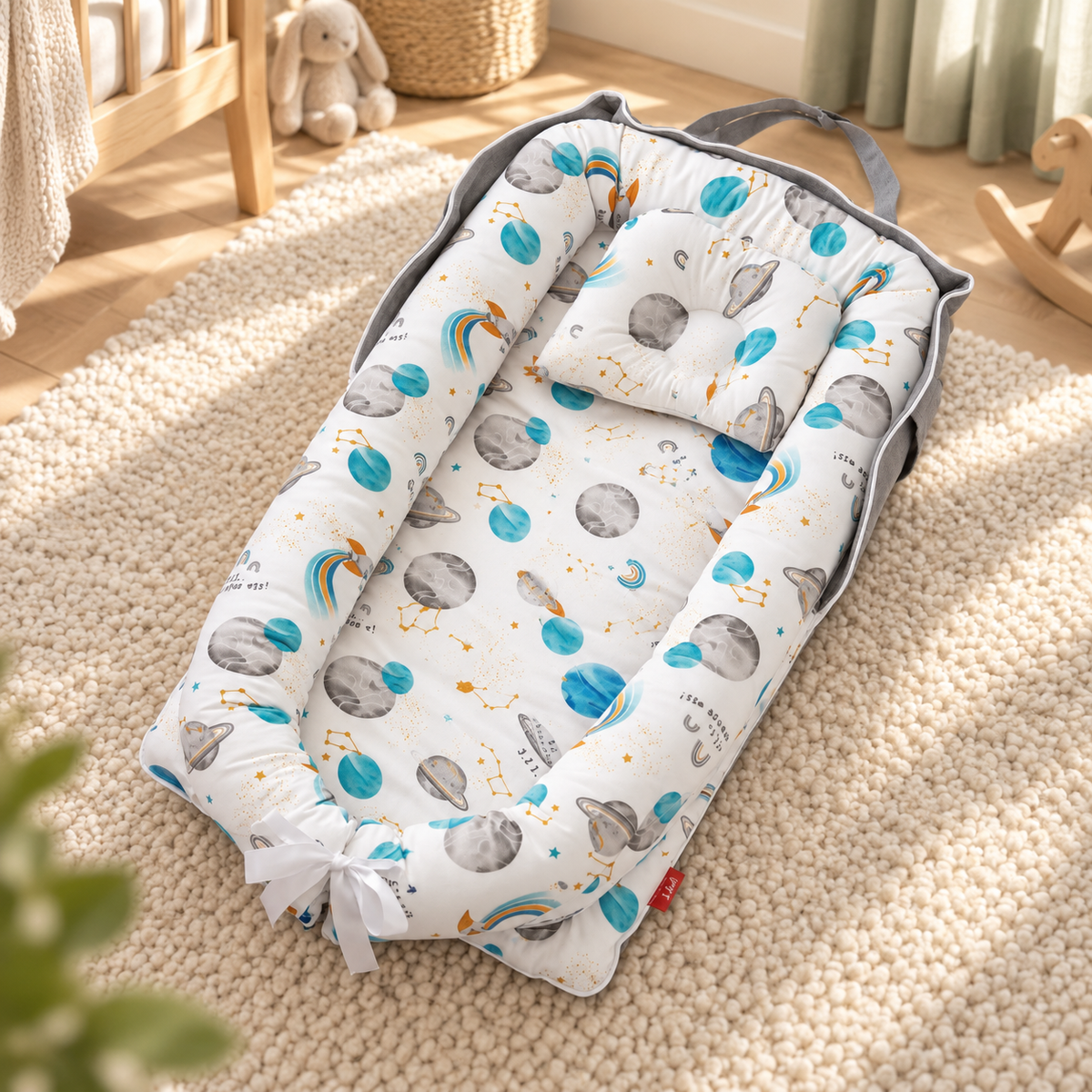 My Little Essentials™ Foldaway Baby Travel Mat & Bag — Space Moon, nursery lifestyle photograph
