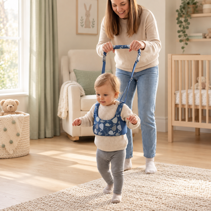 My Little Essentials™ Baby Walking Harness Belt — Navy Whale, nursery lifestyle photograph