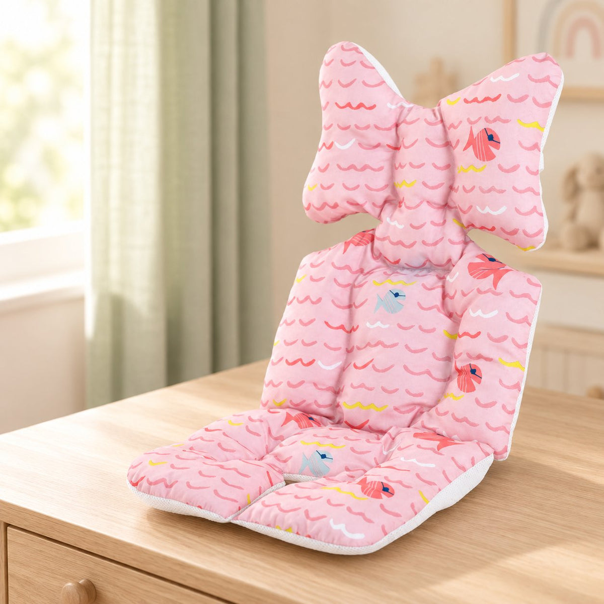 My Little Essentials™ Breathable Head Support Stroller Pad — Pink, nursery lifestyle photograph