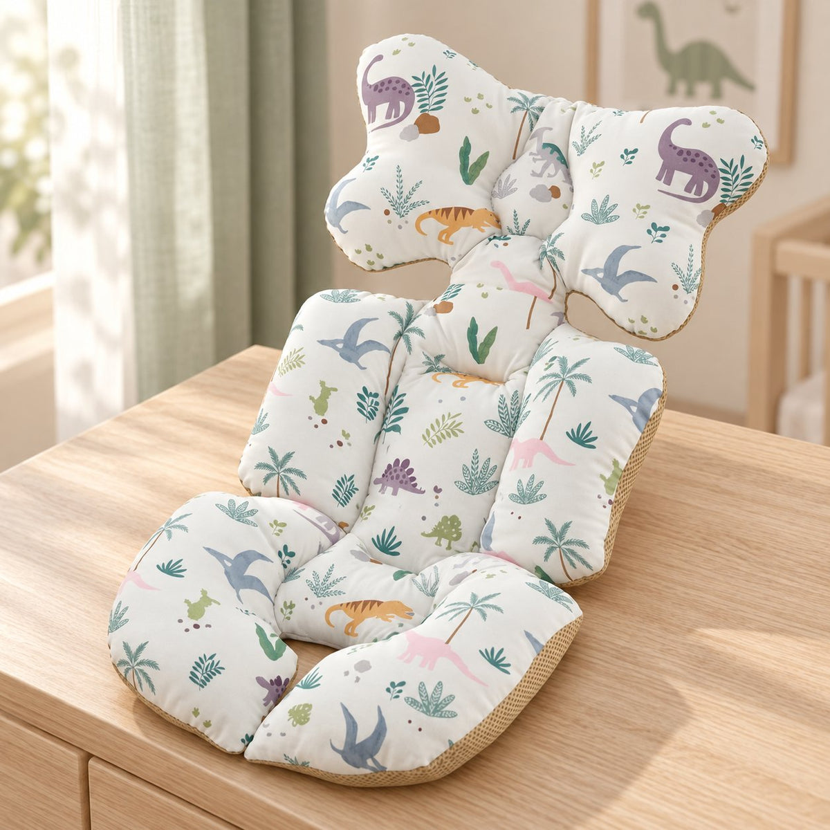 My Little Essentials™ Breathable Head Support Stroller Pad — Dino, nursery lifestyle photograph