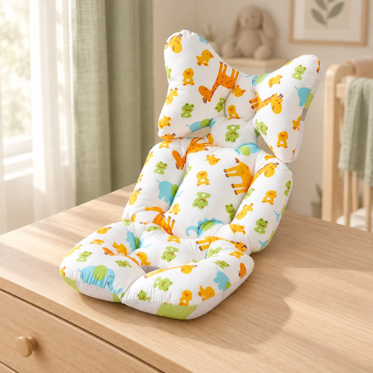 My Little Essentials™ Breathable Head Support Stroller Pad — Colorful, nursery lifestyle photograph