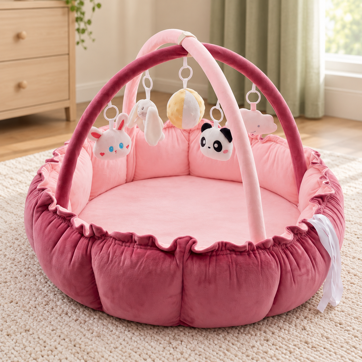 My Little Essentials™ Grove Baby Play Gym — Velvet Rose Bunny, nursery lifestyle photograph