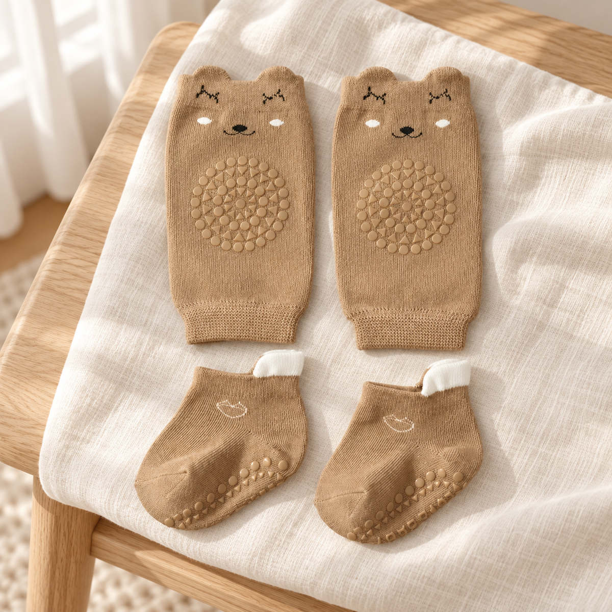 Camel Little Bear Crawling Set on soft nursery linen