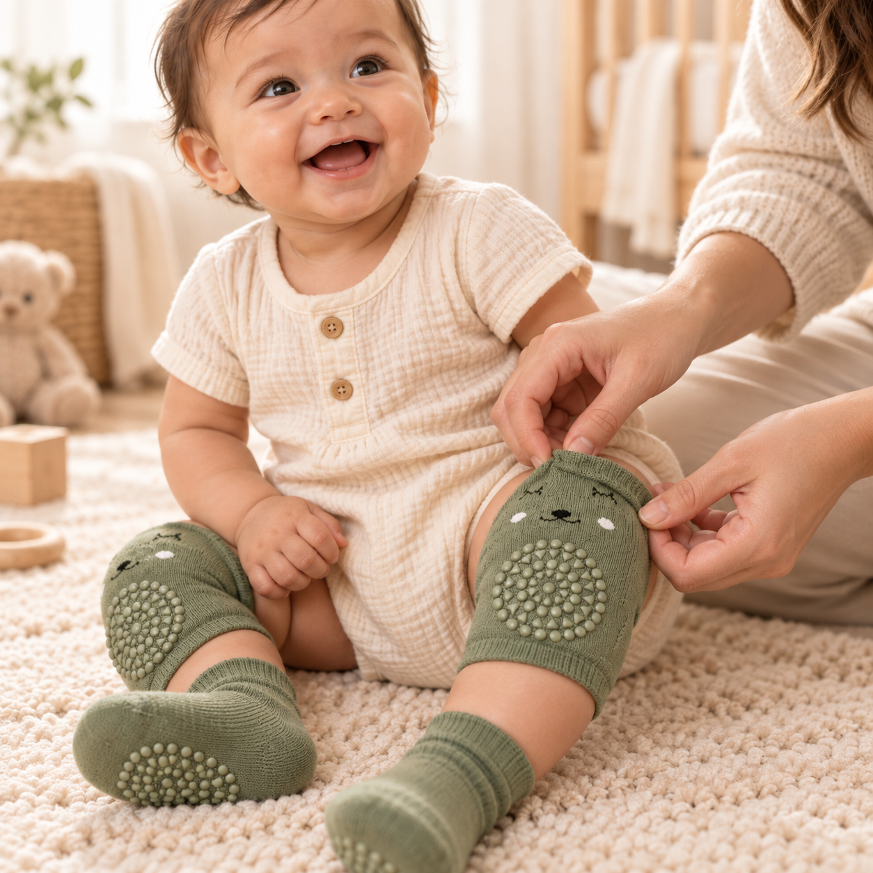 Slip the soft Crawlies knee sleeves on with the textured panels facing forwards.