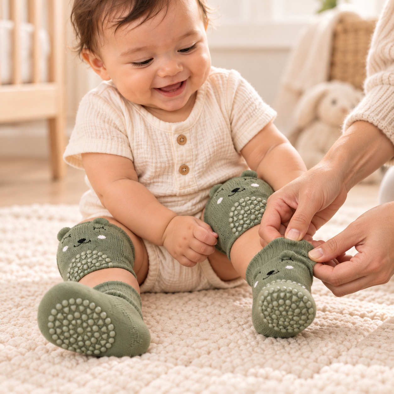 Pull on matching Crawlies socks with the textured grips under the feet.
