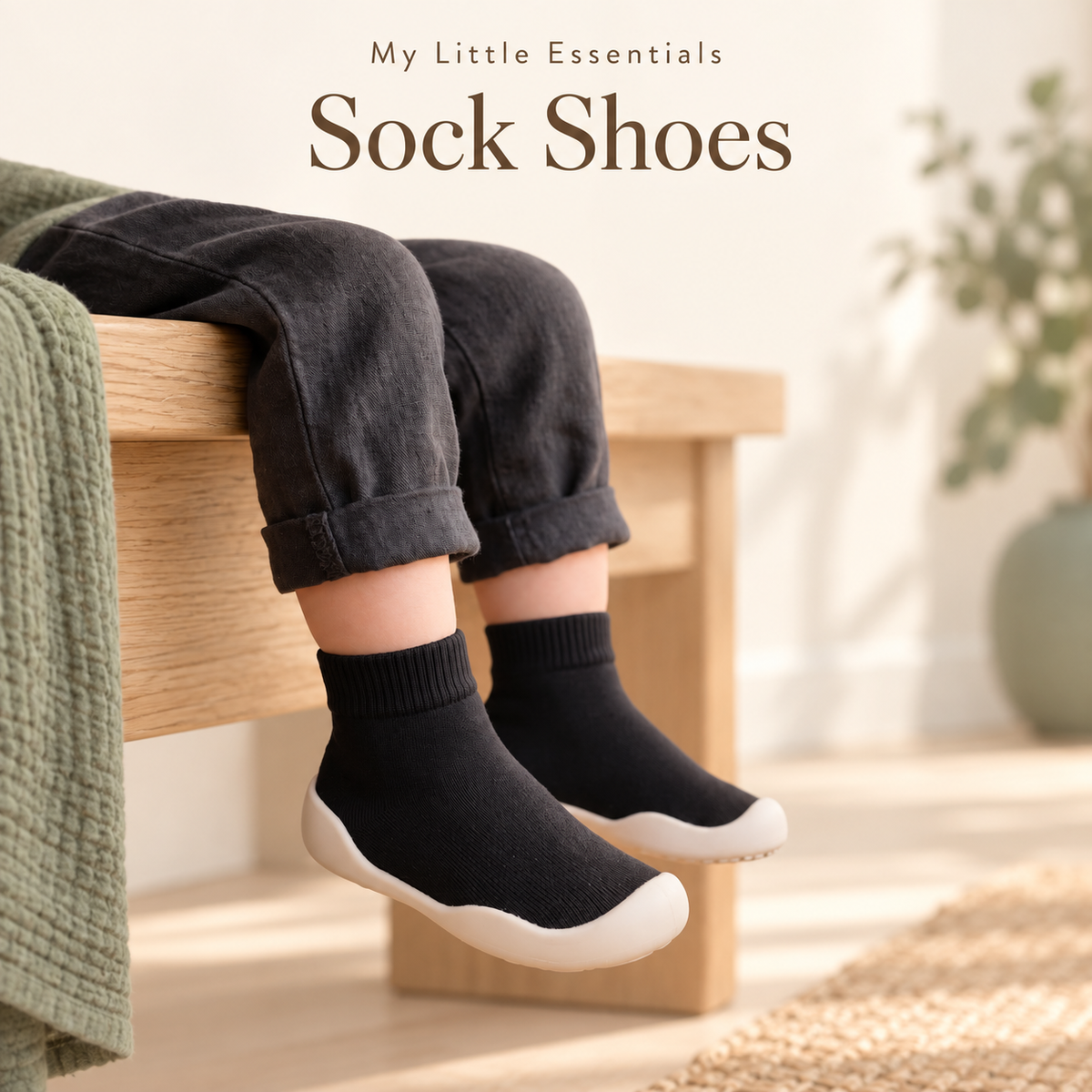 My Little Essentials Sock Shoes — Toddler wearing black sock shoes