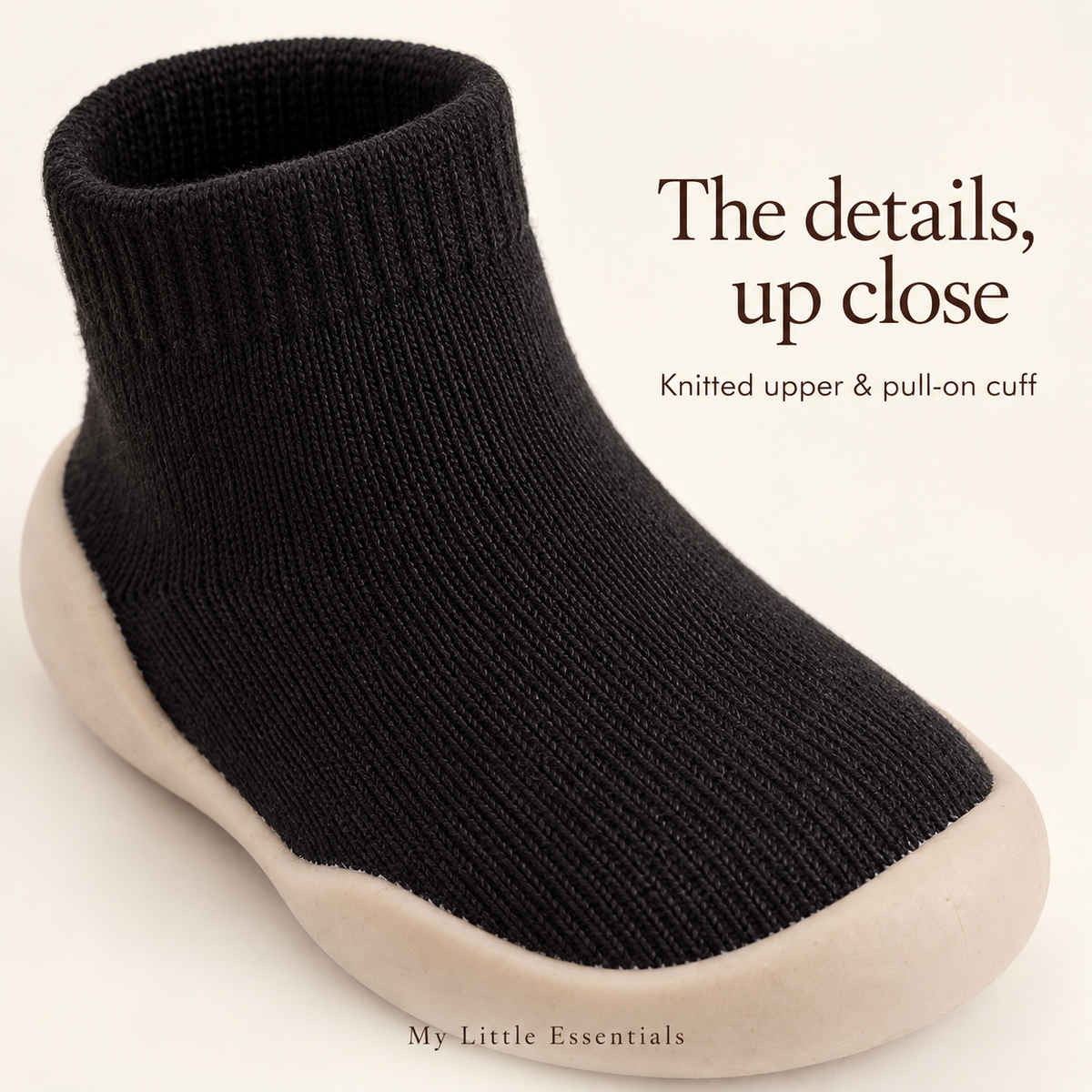 Close-up of the knitted upper and pull-on cuff