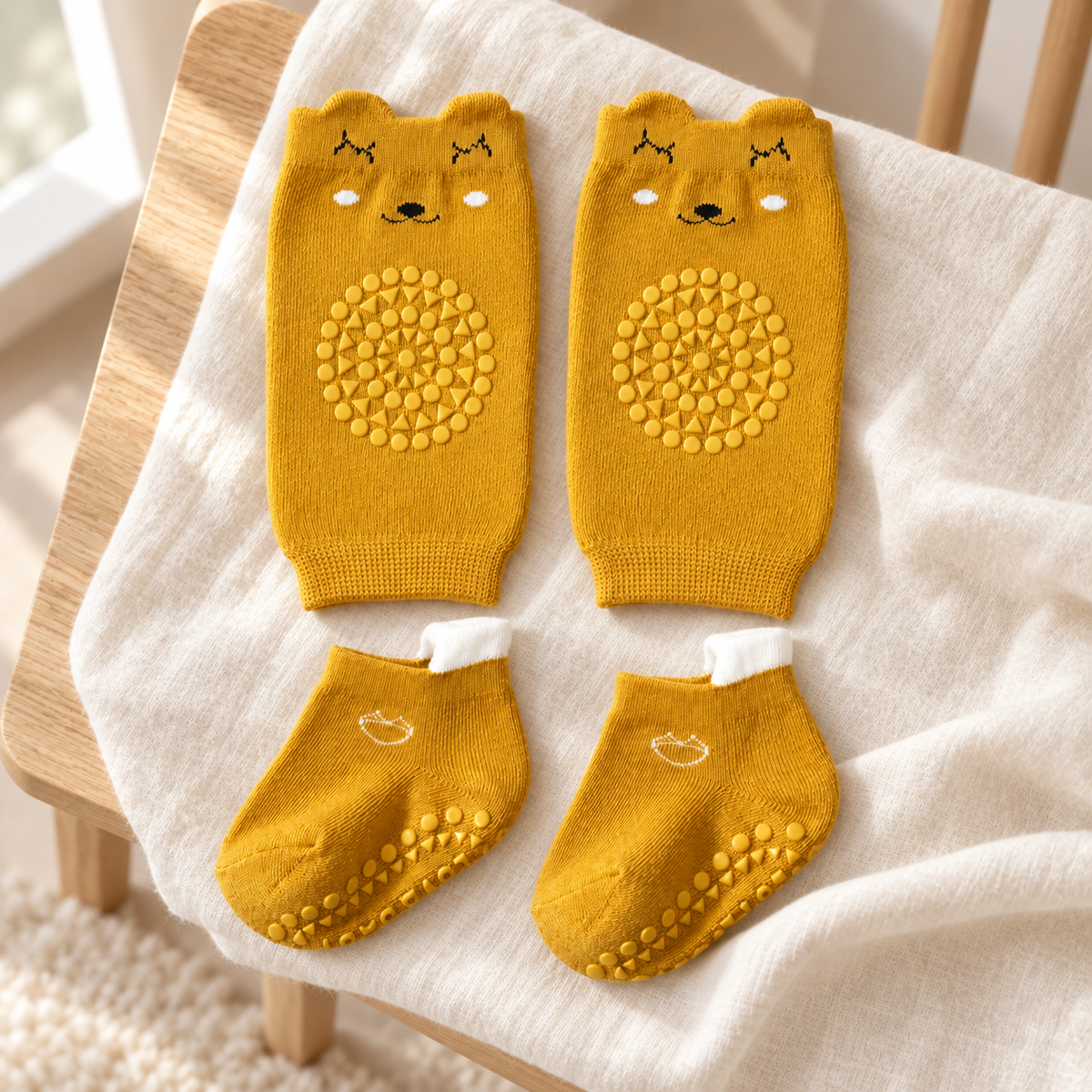 Mustard Little Bear Crawling Set on soft nursery linen