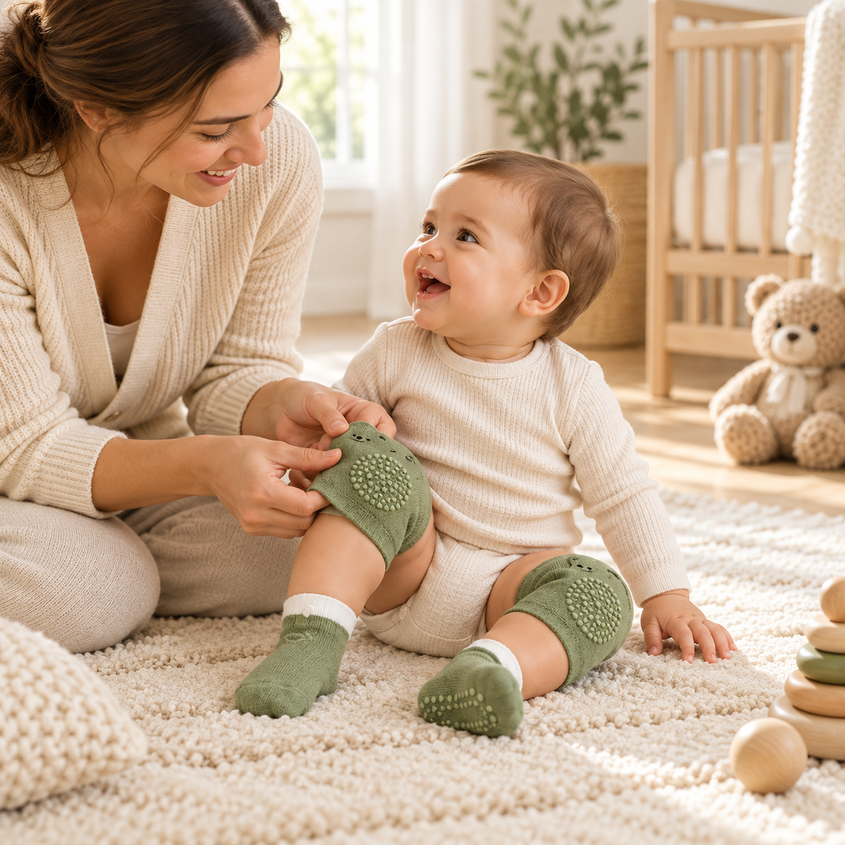 Parent adjusting the green Little Bear Crawling Set during nursery playtime