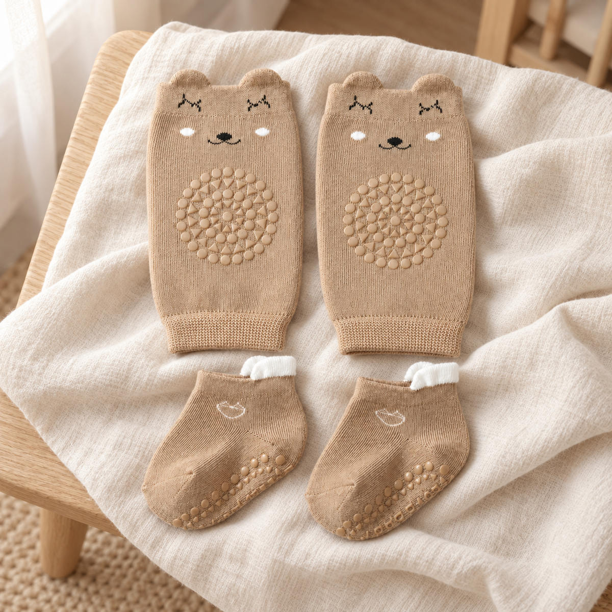 Oatmeal Little Bear Crawling Set on soft nursery linen